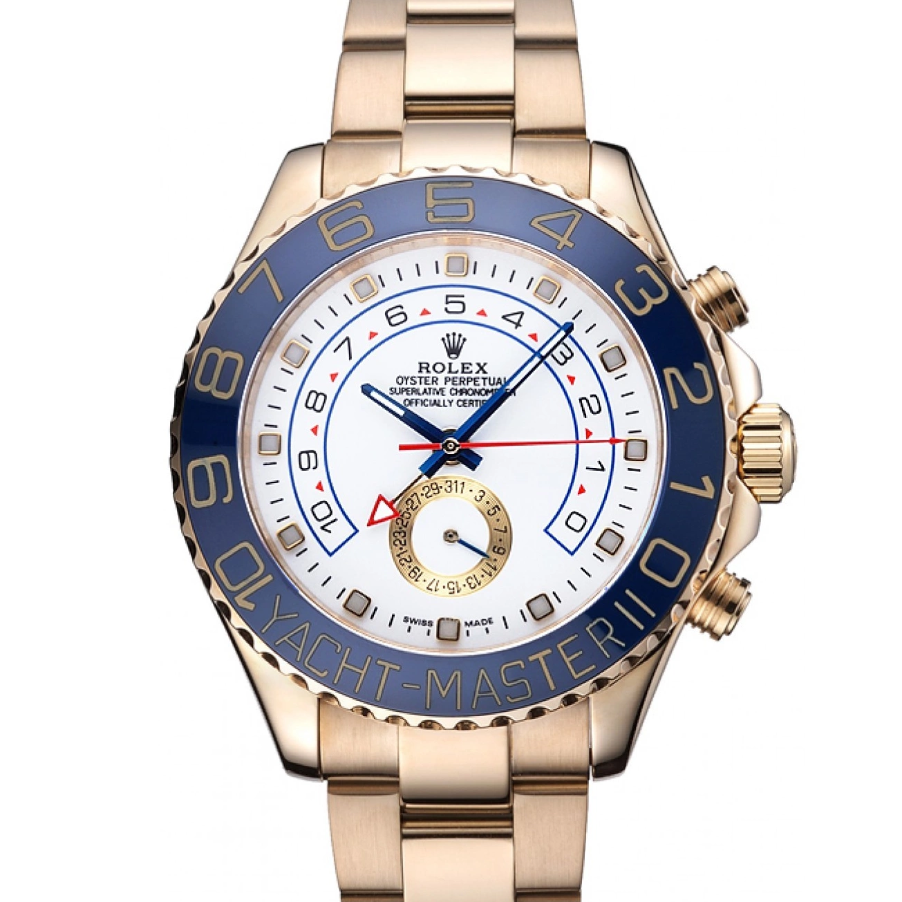 Aaa replica watch Rolex Yachtmaster Bracelet White Bezel II 622271 Blue Gold Dial 0825